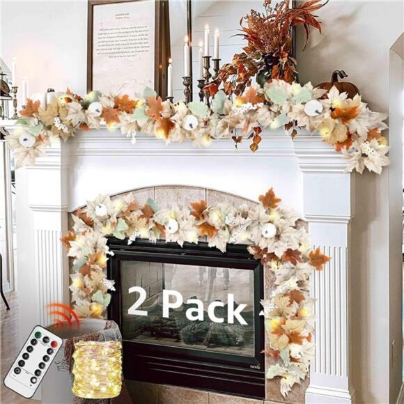 Neutral Fall Garland for Mantle Fireplace - 2 Pack 6Ft Outdoor Autumn Leaves - Picture 1 of 7